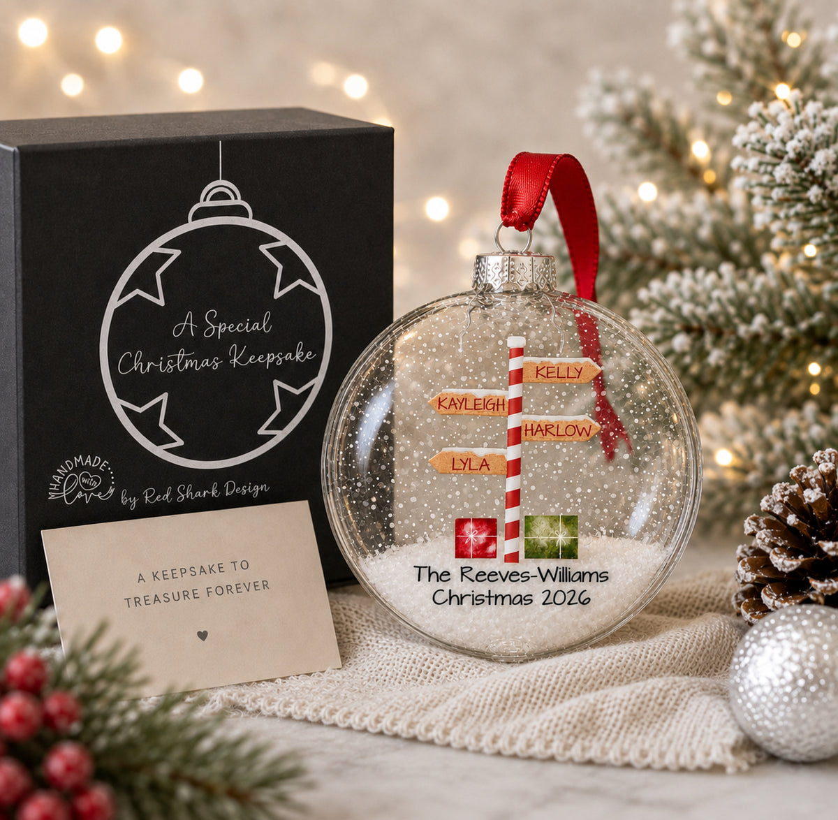 Personalised Stripy North Pole Family Glass Bauble Christmas Tree Ornament