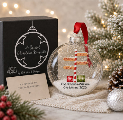 Personalised Stripy North Pole Family Glass Bauble Christmas Tree Ornament
