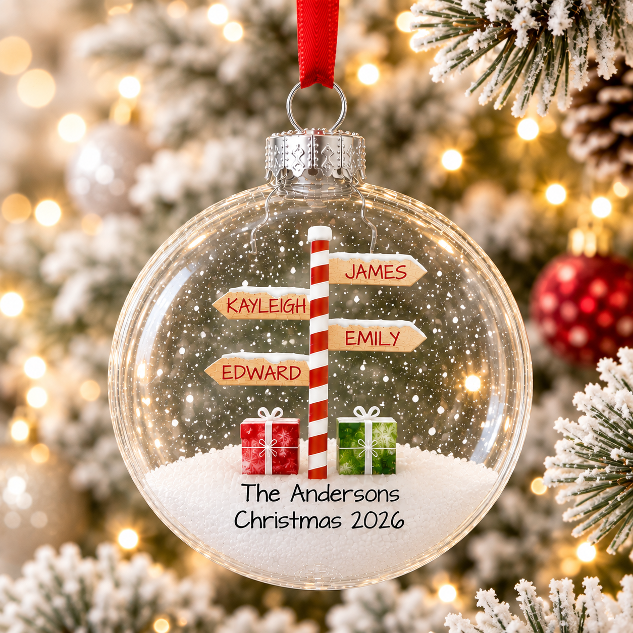 Personalised Stripy North Pole Family Glass Bauble Christmas Tree Ornament