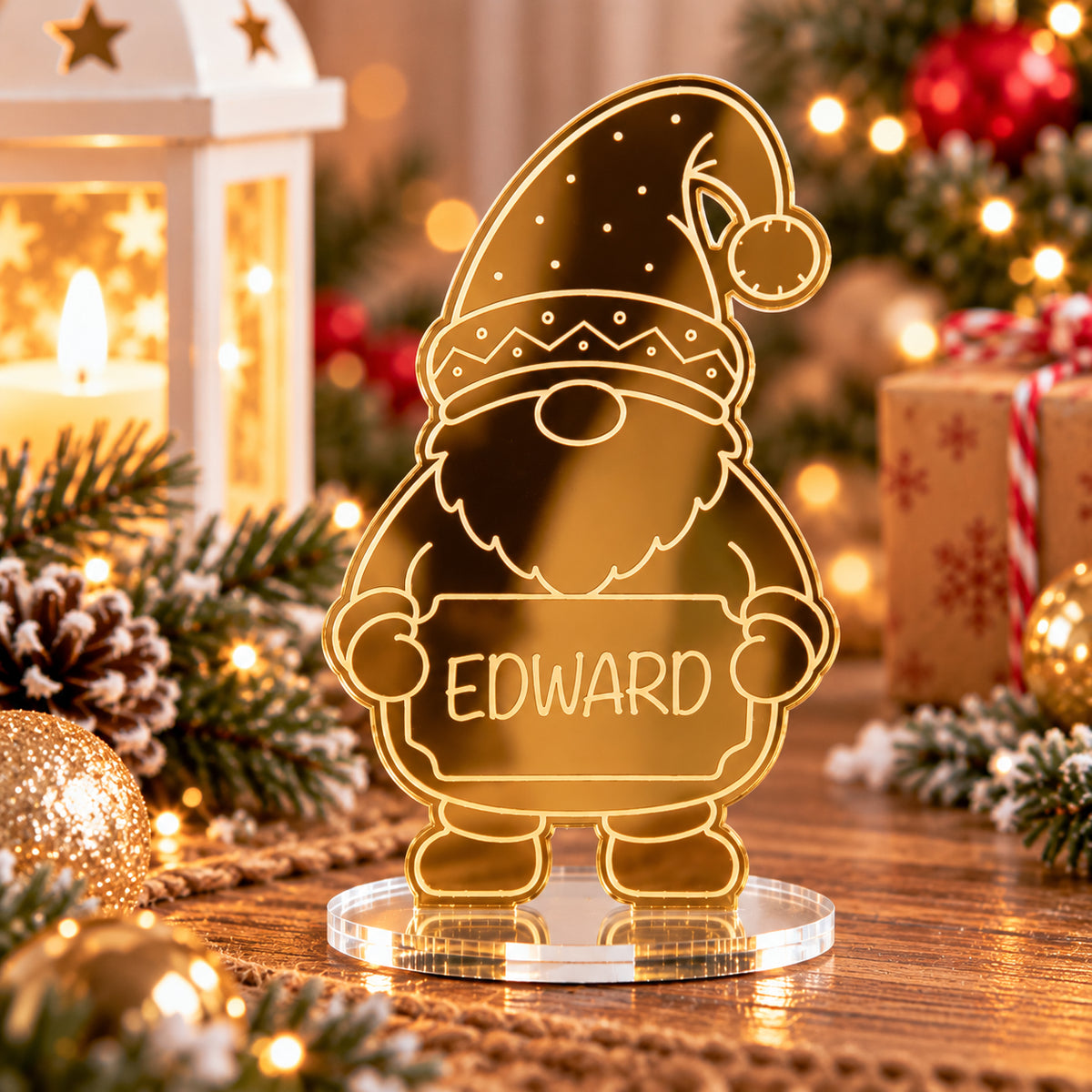 Personalised Christmas Gonk Gnome Mirror Acrylic Table Place Names