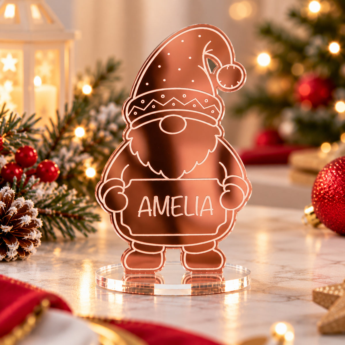 Personalised Christmas Gonk Gnome Mirror Acrylic Table Place Names