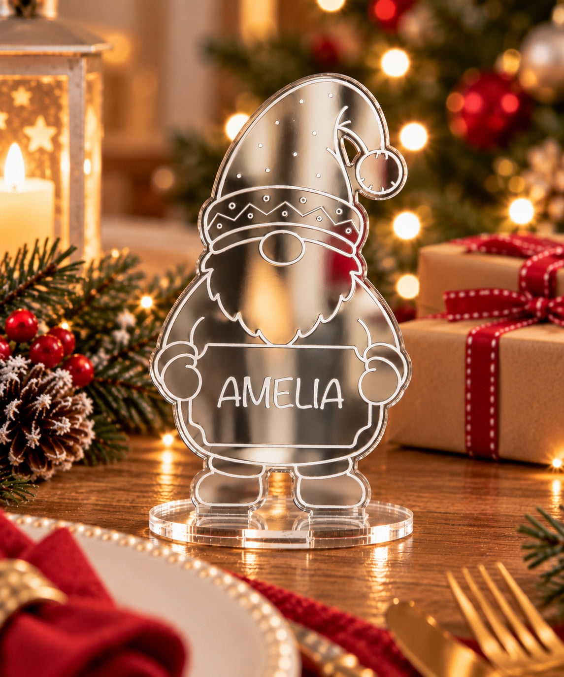 Personalised Christmas Gonk Gnome Mirror Acrylic Table Place Names
