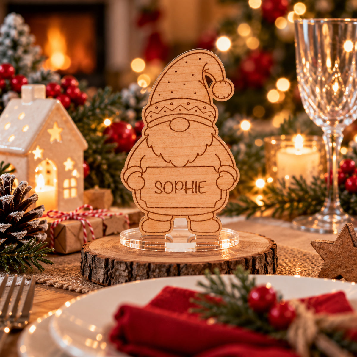 A personalized wooden Christmas gnome table decor sign engraved with the name 'SOPHIE' and standing on a clear acrylic base, displayed on a rustic wood slice in a warm, festive holiday table setting with candles, pinecones, and a glowing fireplace in the background.