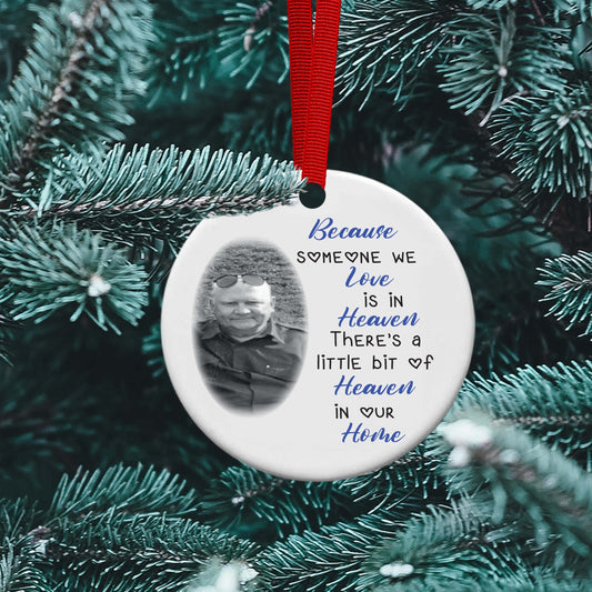 Personalised Memorial Photo Someone Is In Heaven Ceramic Bauble Christmas Tree Decoration