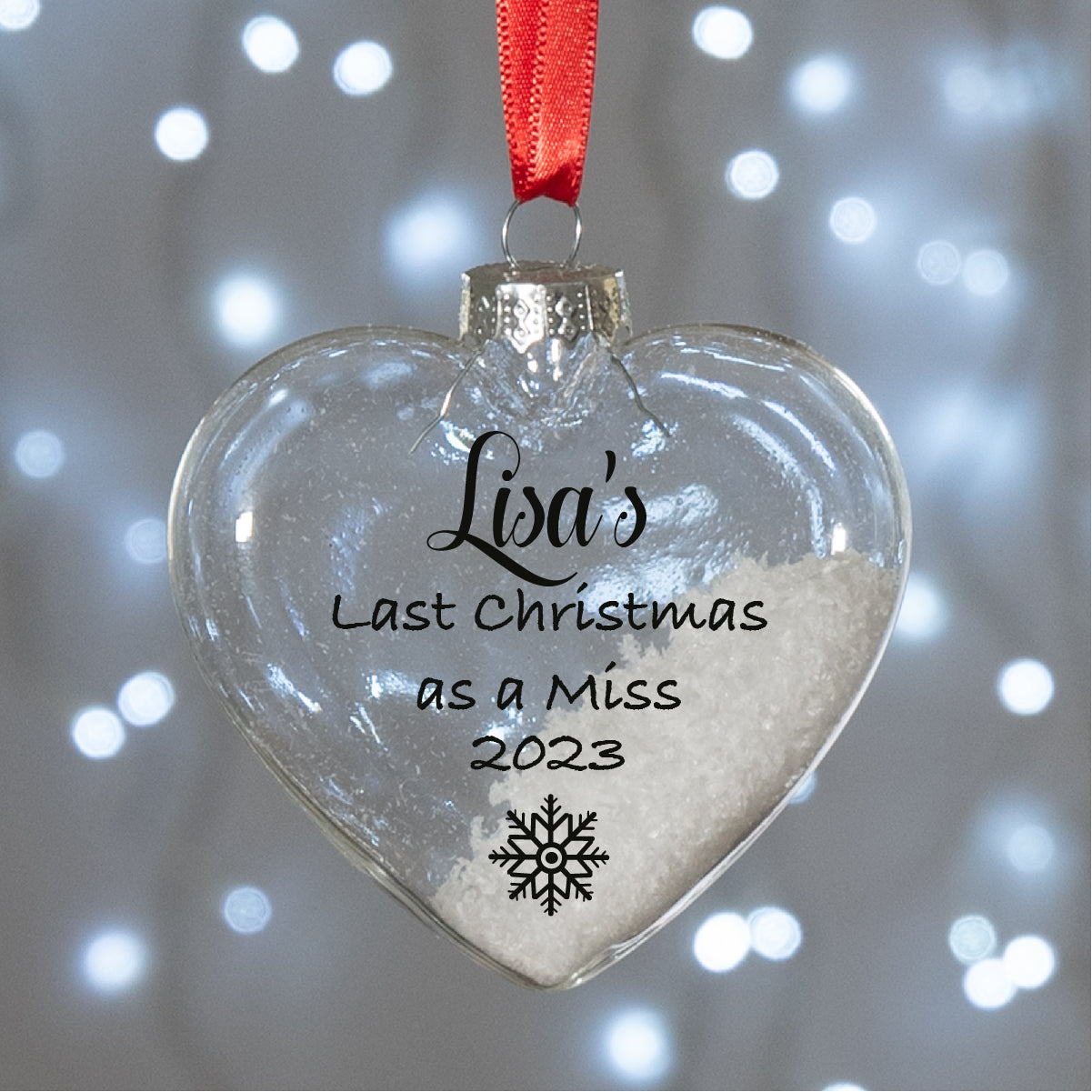 Personalised Last Christmas as a Miss Glass Heart Bauble Christmas Tree Decoration