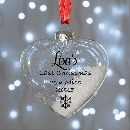 Personalised Last Christmas as a Miss Glass Heart Bauble Christmas Tree Decoration