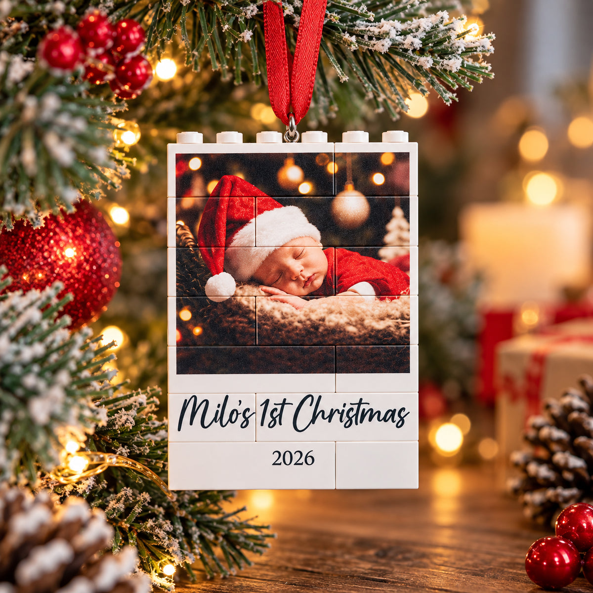 Personalised Baby's First Christmas LEGO® Style Photo Brick Christmas Tree Decoration