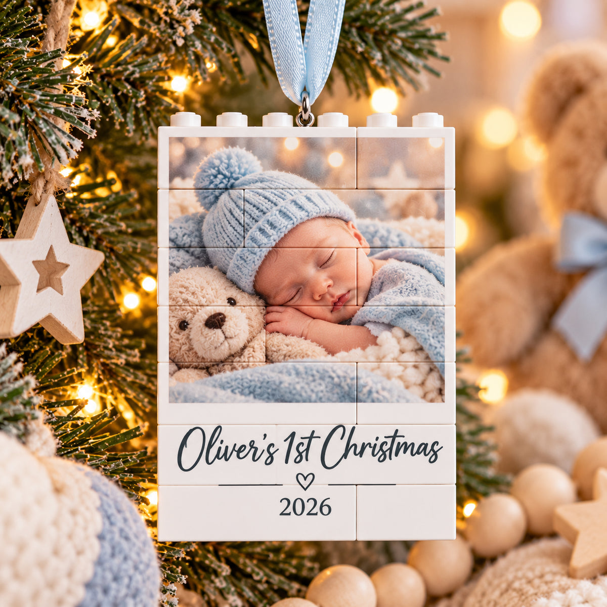 Personalised Baby's First Christmas LEGO® Style Photo Brick Christmas Tree Decoration