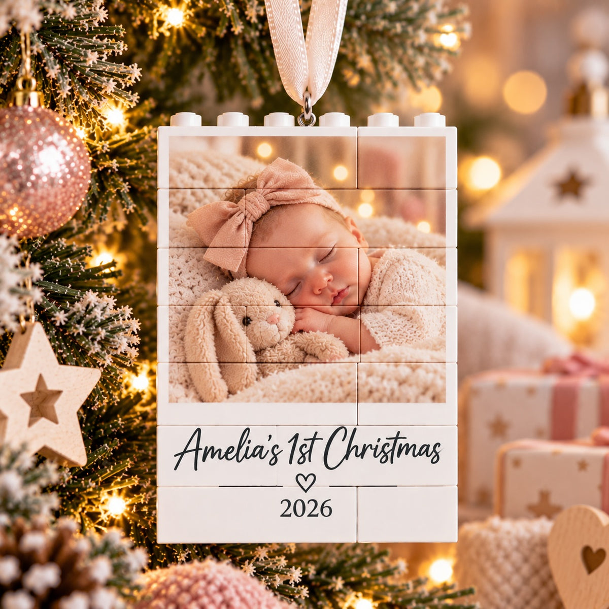Personalised Baby's First Christmas LEGO® Style Photo Brick Christmas Tree Decoration