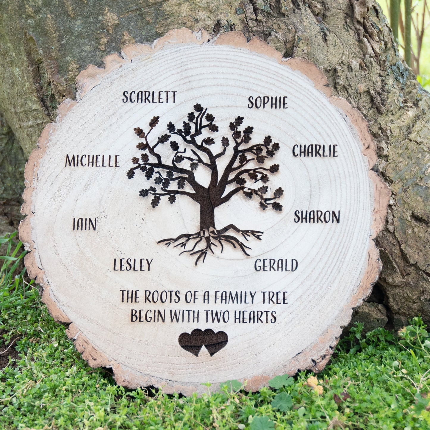 Personalised Two Hearts Family Tree Engraved Wooden Log Slice