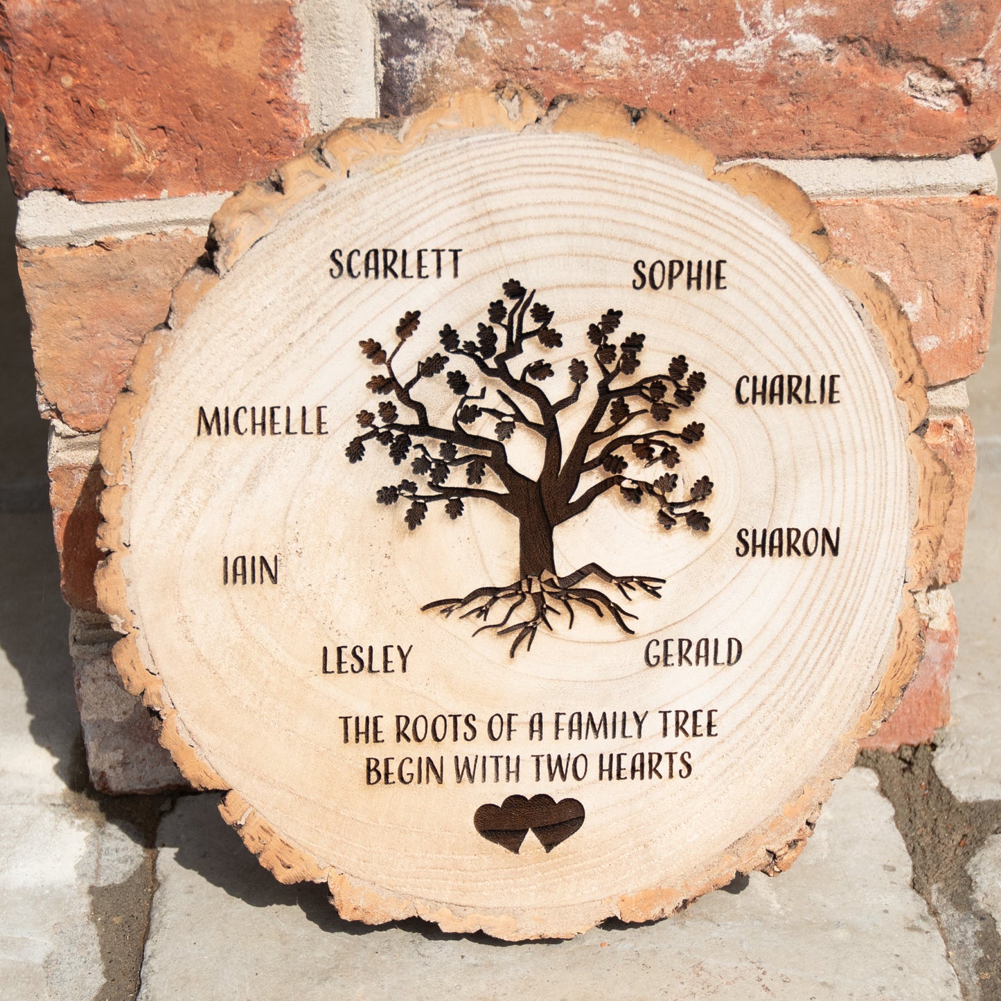 Personalised Two Hearts Family Tree Engraved Wooden Log Slice