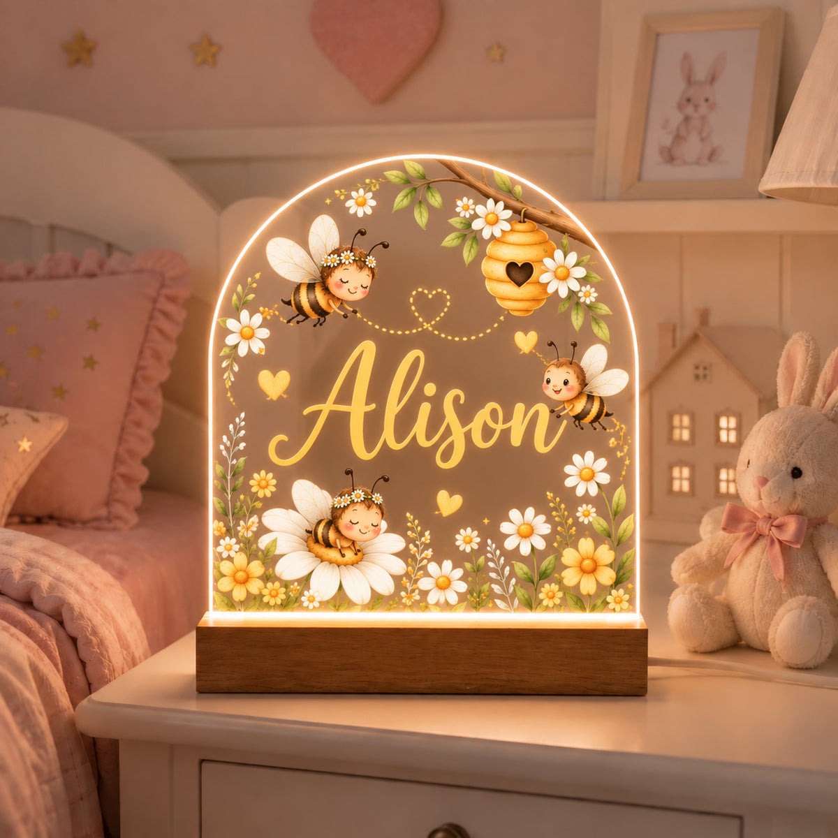 Personalised Bee Theme Night Light | Custom LED Nursery & Children's Bedroom Light
