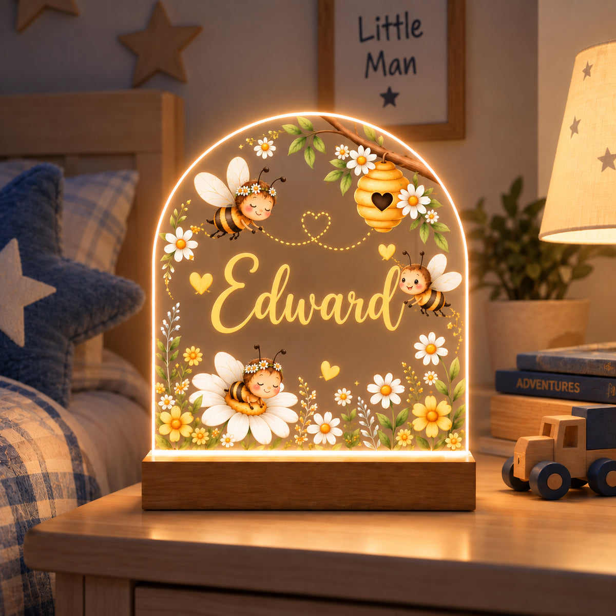 Personalised Bee Theme Night Light | Custom LED Nursery & Children's Bedroom Light