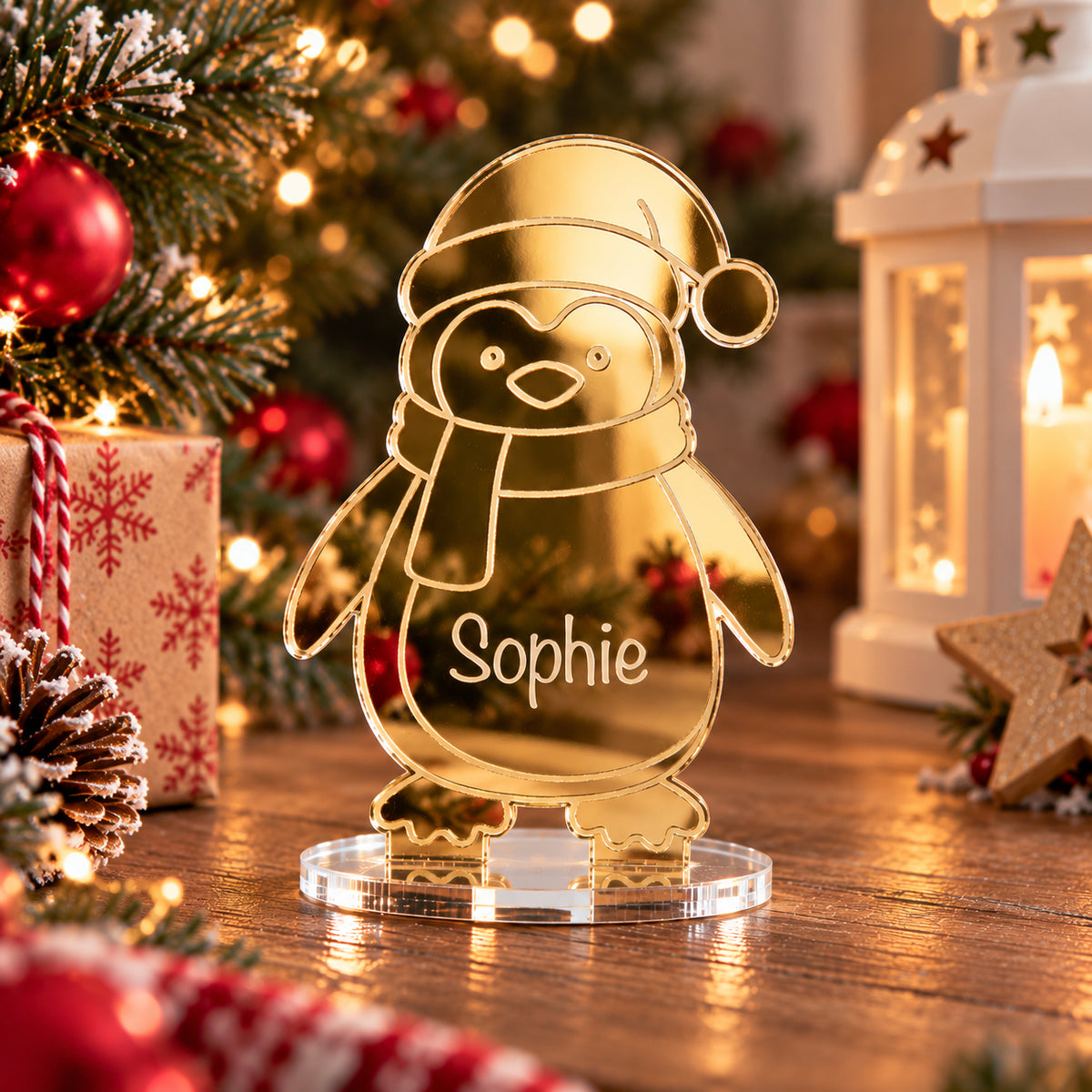 Personalised Christmas Penguin Mirror Acrylic Table Place Names