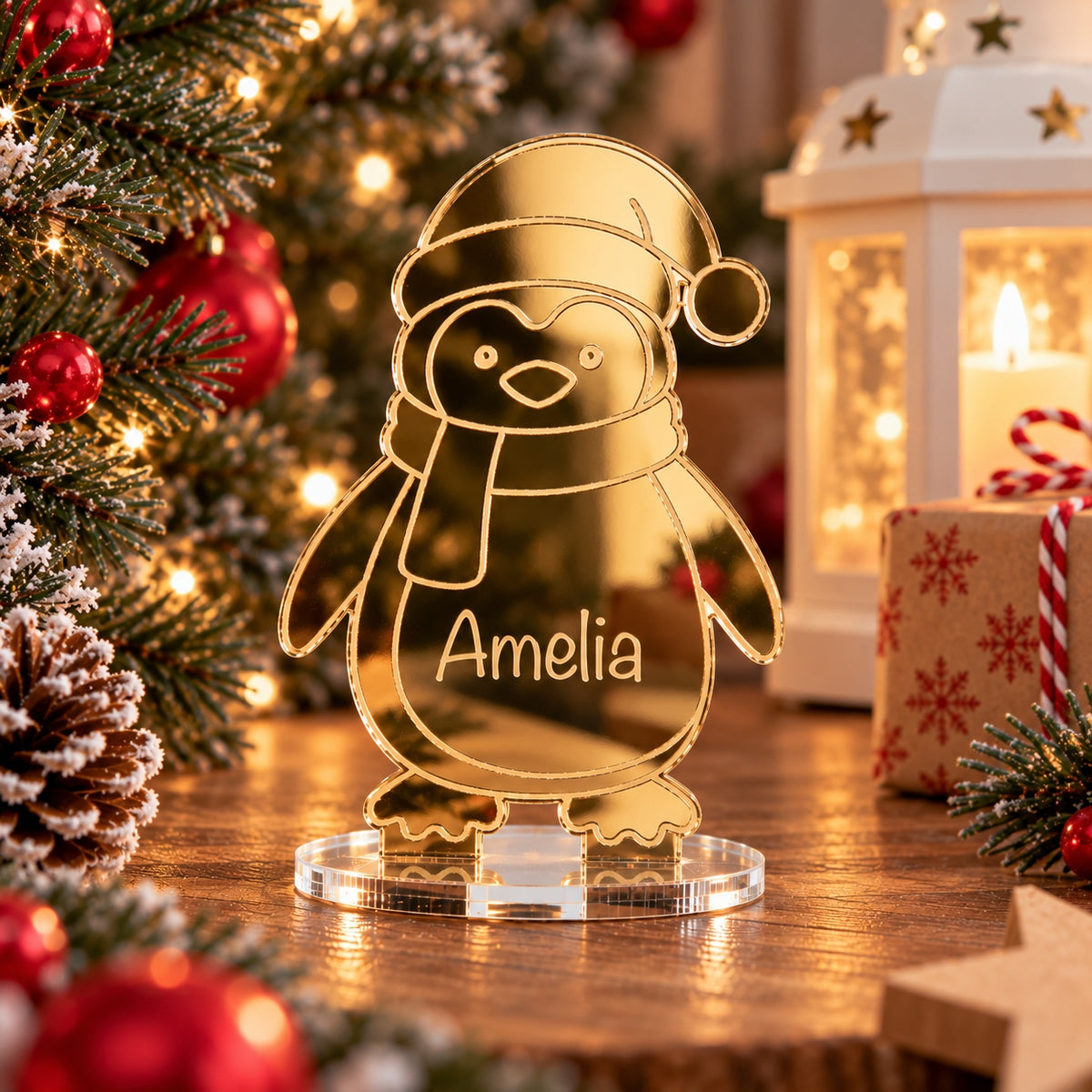 Personalised Christmas Penguin Mirror Acrylic Table Place Names
