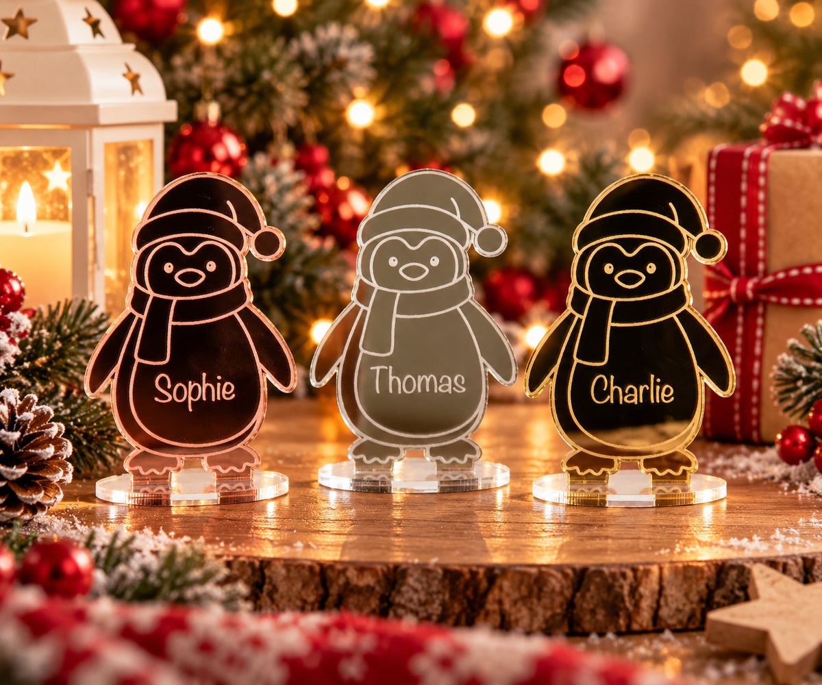 Personalised Christmas Penguin Mirror Acrylic Table Place Names