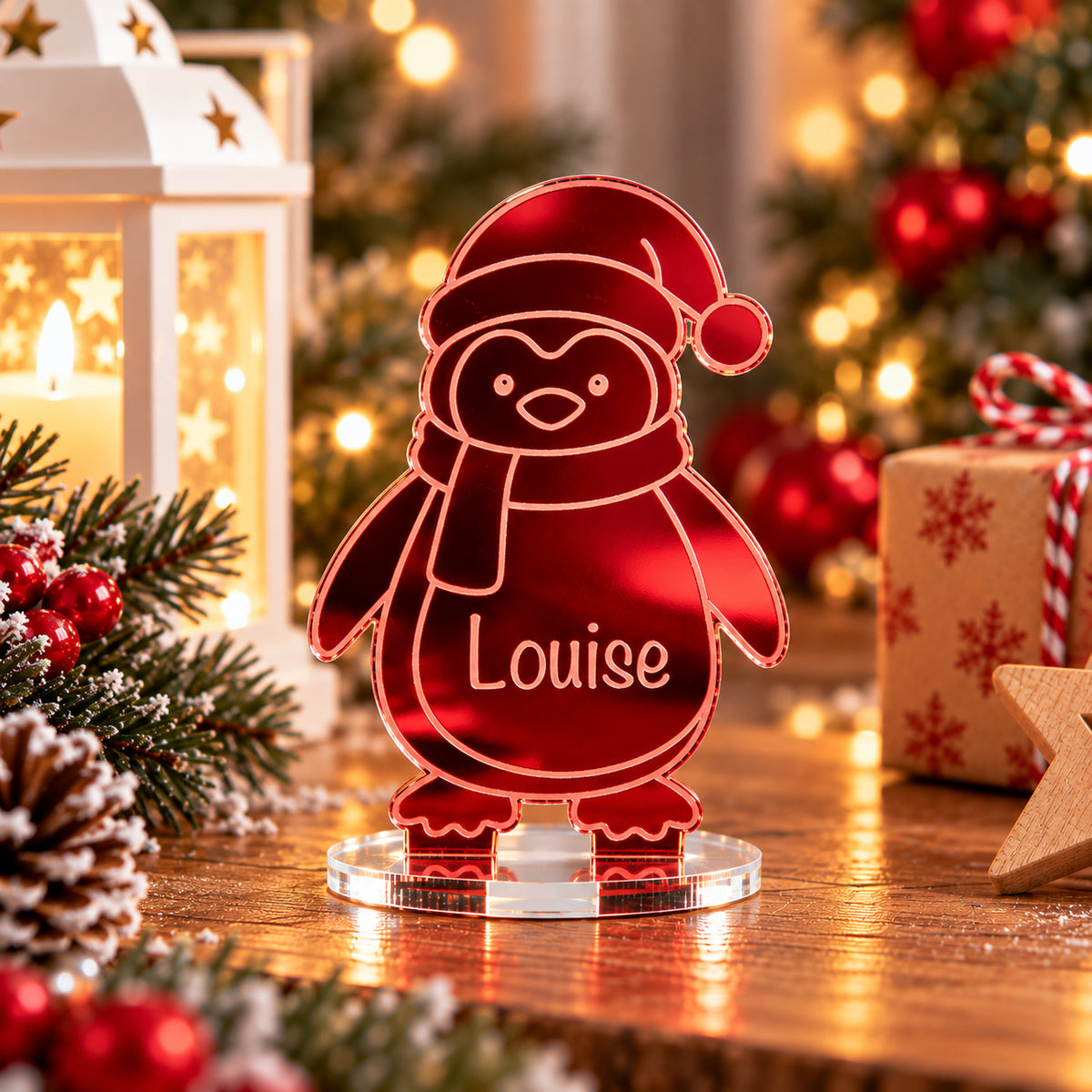 Personalised Christmas Penguin Mirror Acrylic Table Place Names