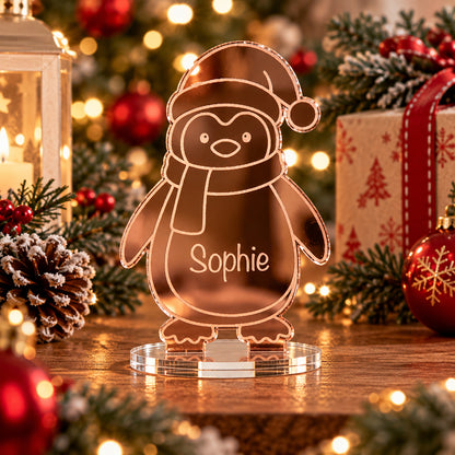 Personalised Christmas Penguin Mirror Acrylic Table Place Names