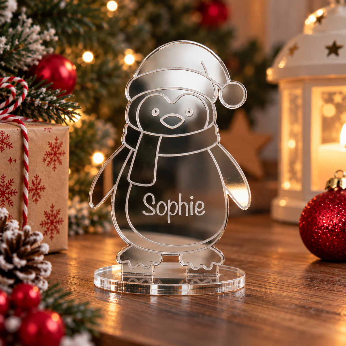 Personalised Christmas Penguin Mirror Acrylic Table Place Names