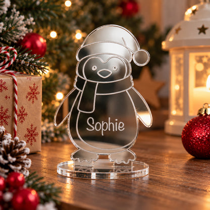 Personalised Christmas Penguin Mirror Acrylic Table Place Names