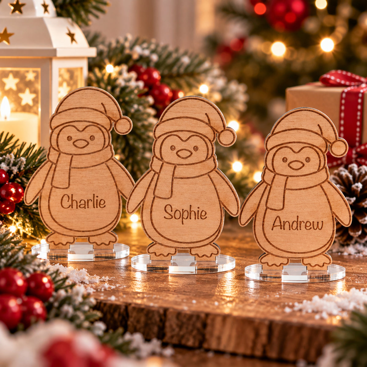 Personalised Wooden Christmas Penguin Place Name