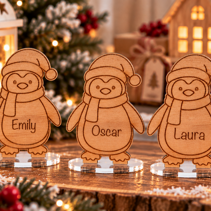 Personalised Wooden Christmas Penguin Place Name