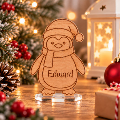 Personalised Wooden Christmas Penguin Place Name