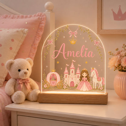 Decorative night light with princess design, teddy bear, and flowers on a shelf.