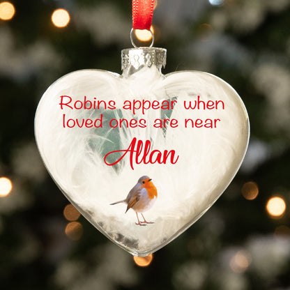 Personalised Robins Appear Memorial Glass Heart Bauble Christmas Tree Decoration