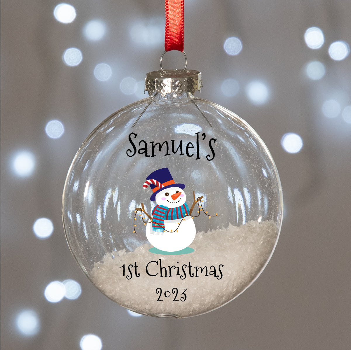 Personalised Snowman Baby's 1st Christmas Round Glass Bauble Christmas Tree Decoration
