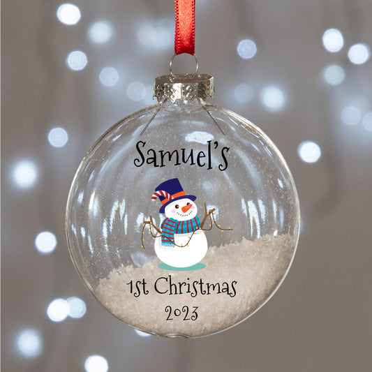 Personalised Snowman Baby's 1st Christmas Round Glass Bauble Christmas Tree Decoration