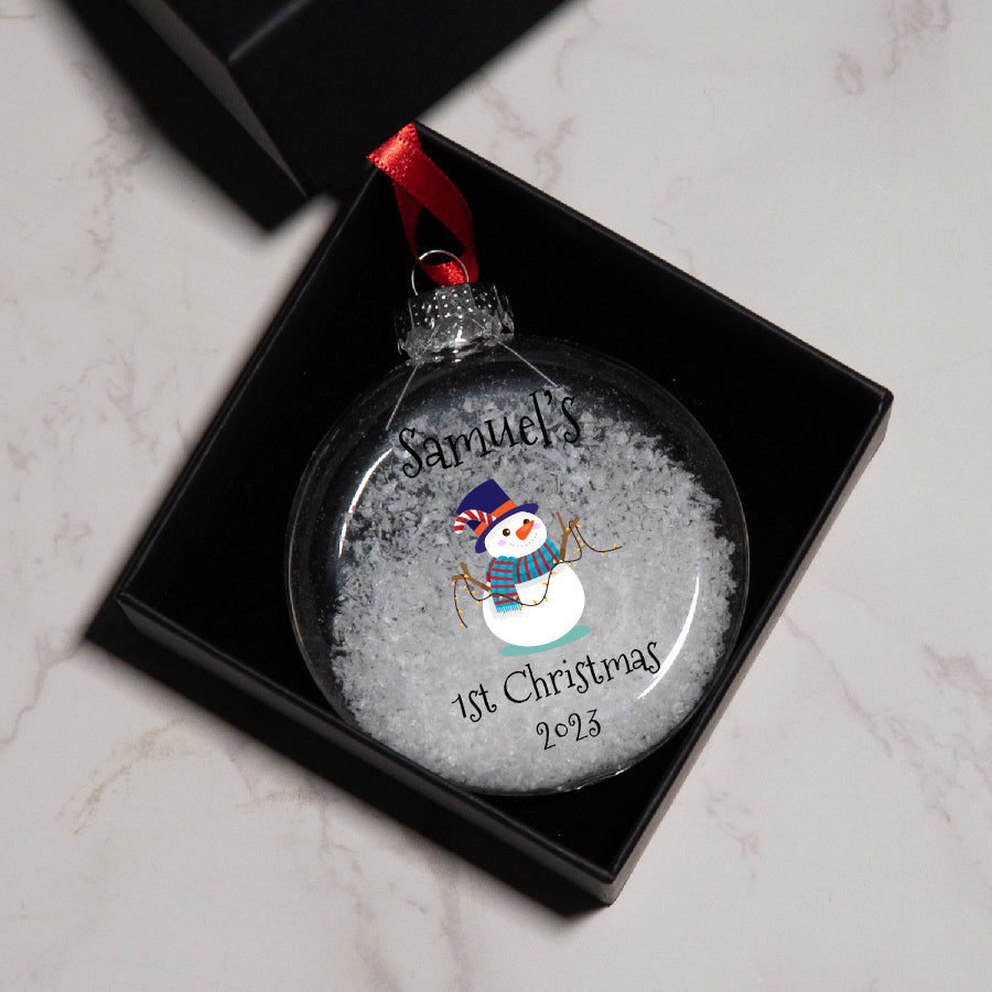 Personalised Snowman Baby's 1st Christmas Round Glass Bauble Christmas Tree Decoration