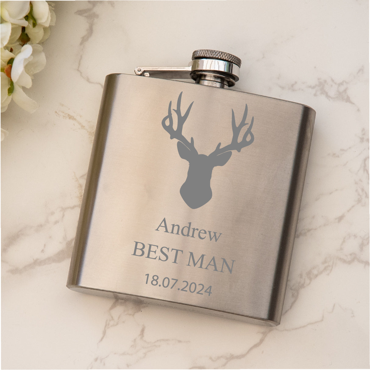 Personalised  Engraved  Stag Head Hip Flask