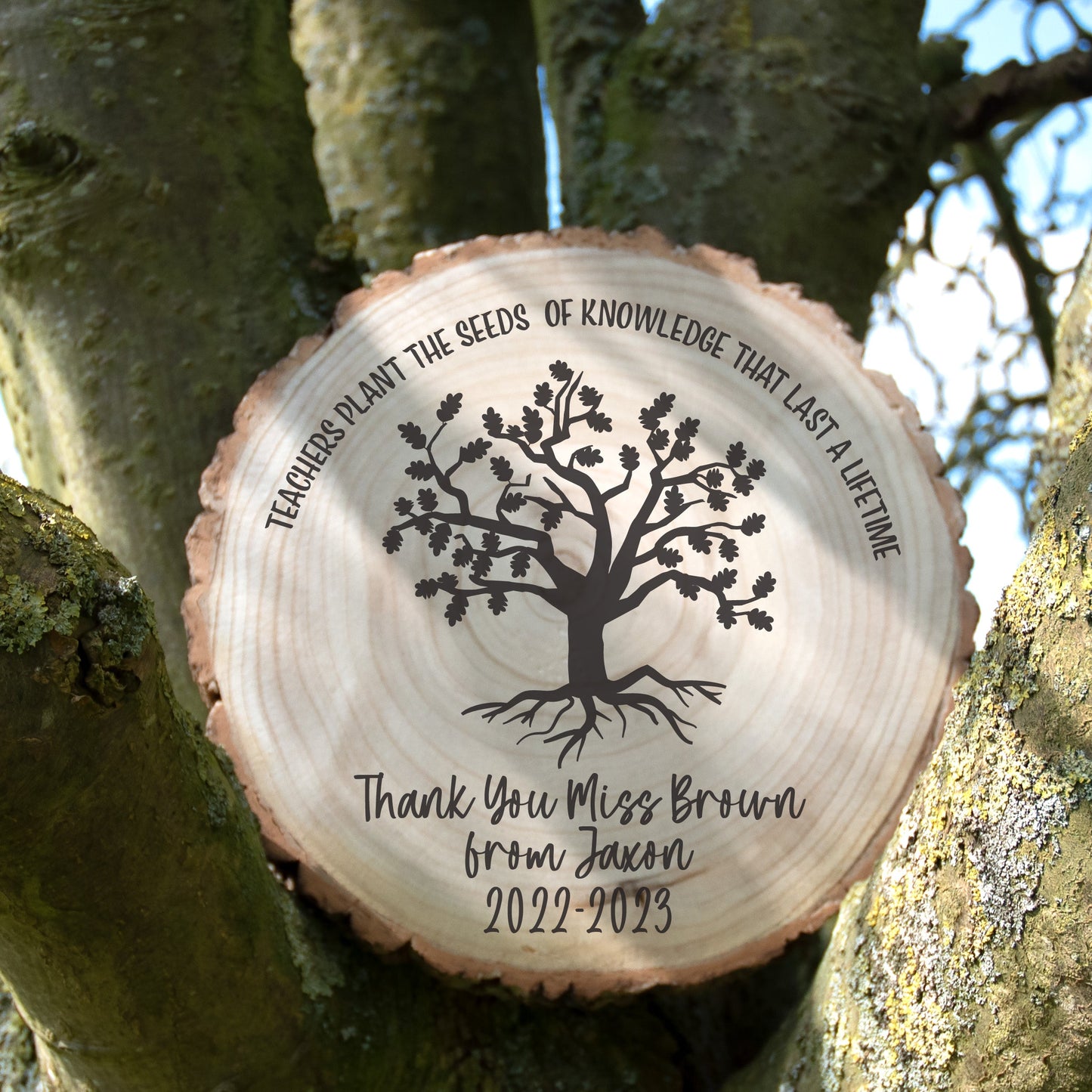 teachers plant seeds of knowledge that last a lifetime Personalised Teachers Plant Seeds Of Knowledge Log Slice – Red Shark Design