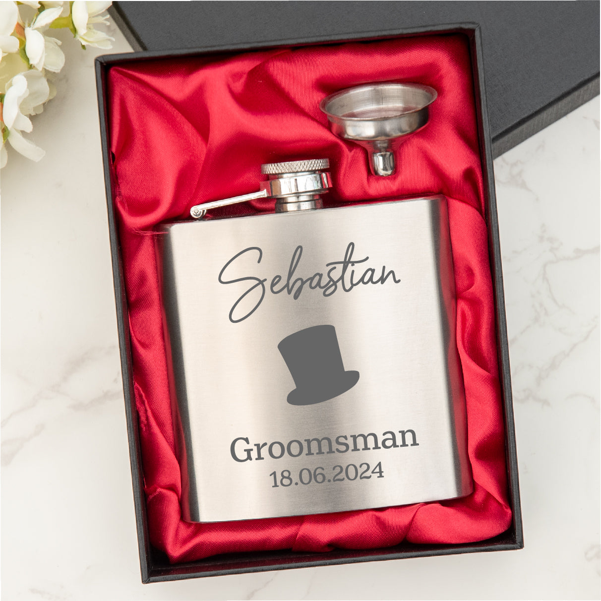 Personalised  Engraved  Top Hat Hip Flask