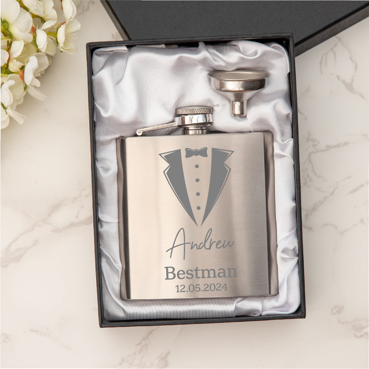 Personalised  Engraved  Tuxedo Hip Flask