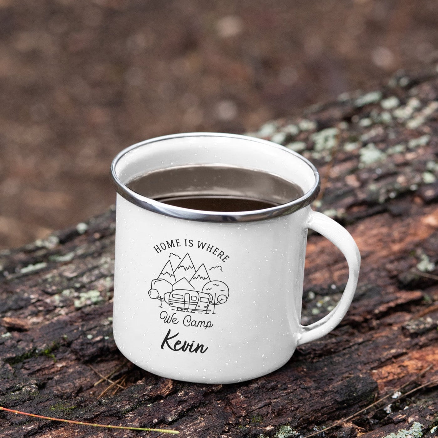 Personalised Caravan Home is Where We Camp Enamel Mug