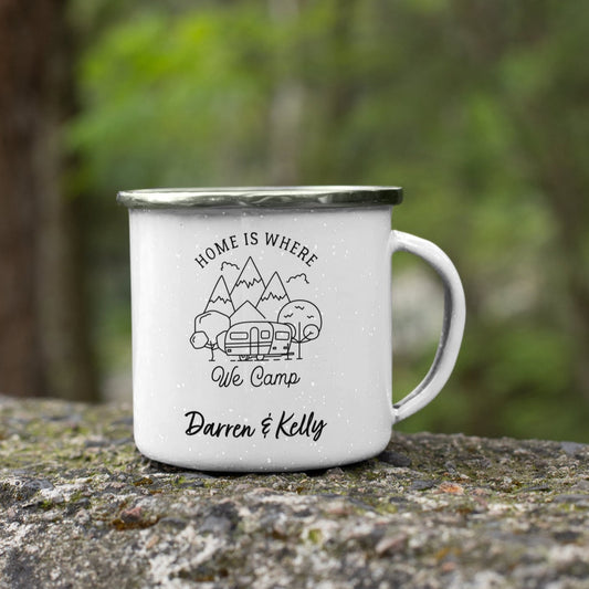 Personalised Caravan Home is Where We Camp Enamel Mug