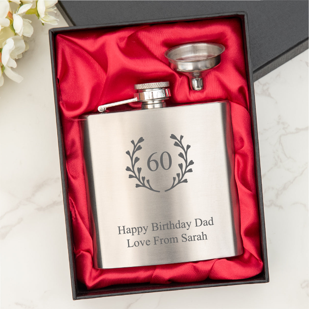 Personalised  Engraved Hip Flask Wreath Design